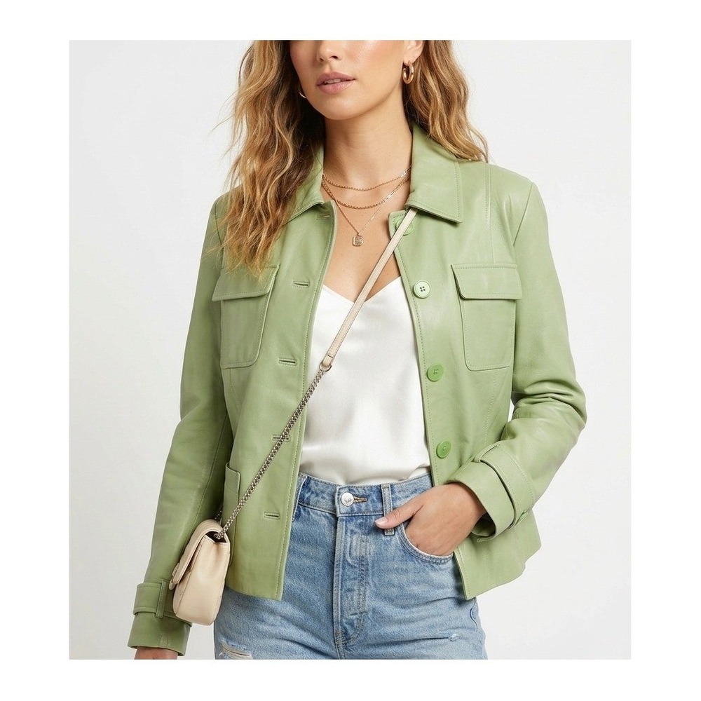 Bernardo Leather Jacket XL Vintage Sage Green Floral Lined Button Utility Coat